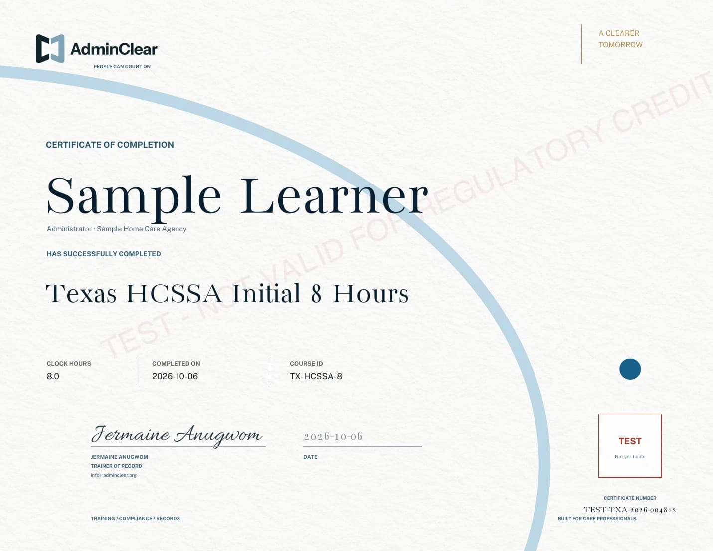 AdminClear sample certificate showing course, hours, dates, trainer, and certificate number